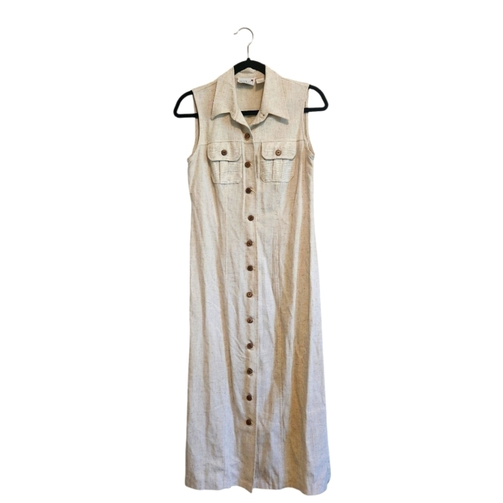 VINTAGE SCARLETT LINEN BLEND MIDI CREAM BUTTON FRONT DRESS SIZE 6
